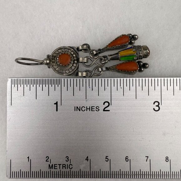 Vintage Kabyle Tribal Silver Dangle Earrings Orange Glass & Enamel - Picture 4 of 4